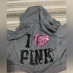 grey “PINK” zip up jacket w/ sequin back & details